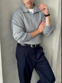 Erkek Polo Yaka Örme Oversize Kazak - 2
