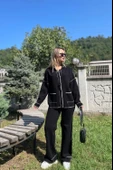 Kadın Çoban Dikişli Hırka-Pantolon Triko Takım Siyah-Ekru - 3