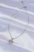 316L Çelik Zincir Gümüş Renk Zirkon Taşlı Charm Kalp Kolye - TJ-BKO8744 - 2