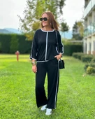 Kadın Bisiklet Yaka Fakir Kol Biye Detay Bluz Ve Yüksek Bel Lastikli Pantolon Ikili Takım - 1