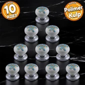 Polimer Kulp Düğme Mavi Çiçek Desenli Krom Tabla Mobilya Mutfak Dolabı Çekmece Kulpu Kulbu 10 ADET - 1