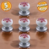 Polimer Kulp Düğme Pembe Çiçek Desenli Krom Tabla Mobilya Mutfak Dolabı Çekmece Kulpu Kulbu 5 ADET - 1