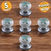 Polimer Kulp Düğme Mavi Çiçek Desenli Krom Tabla Mobilya Mutfak Dolabı Çekmece Kulpu Kulbu 5 ADET - 1