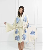 Bornoz ,Plaj Kıyafeti,Kimono , Kaftan ,Sabahlık Mavi Mercan Baskılı Boy Kısa - 1