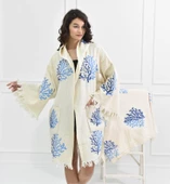 Bornoz ,Plaj Kıyafeti,Kimono , Kaftan ,Sabahlık Mavi Mercan Baskılı Boy Kısa - 3
