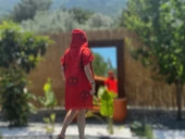 Panço / Plaj elbisesi / Bornoz KIRMIZI KUMAŞ NAZAR GÖZ Desen BAskılı - 2
