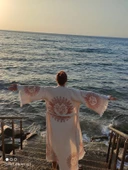 Bornoz ,Plaj Kıyafeti,Kimono , Kaftan ,Sabahlık  Ham Kumaş Kızıl Güneş Desen Baskılı - 6