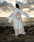 Bornoz ,Plaj Kıyafeti,Kimono , Kaftan ,Sabahlık  Ham Kumaş Kızıl Güneş Desen Baskılı - 1
