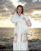 Bornoz ,Plaj Kıyafeti,Kimono , Kaftan ,Sabahlık  Ham Kumaş Kızıl Güneş Desen Baskılı - 3