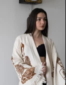 Bornoz ,Plaj Kıyafeti,Kimono , Kaftan ,Sabahlık   Kahverengi Buda Desen Baskılı - 3