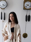 Bornoz ,Plaj Kıyafeti,Kimono , Kaftan ,Sabahlık   Kahverengi Buda Desen Baskılı - 4