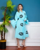 Bornoz ,Plaj Kıyafeti,Kimono , Kaftan ,Sabahlık  Turkuaz Kumaş Naturel Göz Desen Baskılı - 2