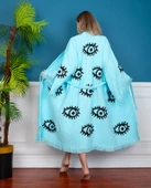 Bornoz ,Plaj Kıyafeti,Kimono , Kaftan ,Sabahlık  Turkuaz Kumaş Naturel Göz Desen Baskılı - 3