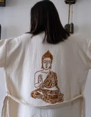 Bornoz ,Plaj Kıyafeti,Kimono , Kaftan ,Sabahlık   Kahverengi Buda Desen Baskılı - 2