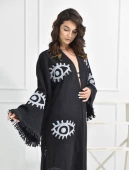 Bornoz ,Plaj Kıyafeti,Kimono , Kaftan ,Sabahlık  Siyah Kumaş Büyük Göz  Desen Baskılı - 4