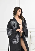 Bornoz ,Plaj Kıyafeti,Kimono , Kaftan ,Sabahlık  Siyah Kumaş Güneş Desen Baskılı - 1