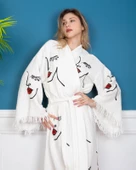 Bornoz ,Plaj Kıyafeti,Kimono , Kaftan ,Sabahlık  Kadın Yüz Dudak Desen Baskılı - 4