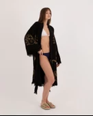 Bornoz ,Plaj Kıyafeti,Kimono , Kaftan ,Sabahlık Siyah Kumaş Altın Renkli Medusa Baskılı - 3
