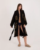 Bornoz ,Plaj Kıyafeti,Kimono , Kaftan ,Sabahlık Siyah Kumaş Altın Renkli Medusa Baskılı - 7