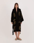 Bornoz ,Plaj Kıyafeti,Kimono , Kaftan ,Sabahlık Siyah Kumaş Altın Renkli Medusa Baskılı - 6