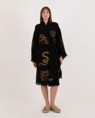 Bornoz ,Plaj Kıyafeti,Kimono , Kaftan ,Sabahlık Siyah Kumaş Altın Renkli Medusa Baskılı - 11