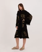 Bornoz ,Plaj Kıyafeti,Kimono , Kaftan ,Sabahlık Siyah Kumaş Altın Renkli Medusa Baskılı - 9