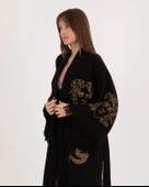 Bornoz ,Plaj Kıyafeti,Kimono , Kaftan ,Sabahlık Siyah Kumaş Altın Renkli Medusa Baskılı - 2