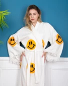 Bornoz ,Plaj Kıyafeti,Kimono , Kaftan ,Sabahlık Gülen Emoji Desen Baskılı - 3