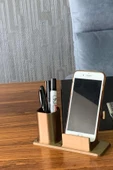 Masaüstü Kalemlik Ve Telefon Standı - Altın Kahve - 3