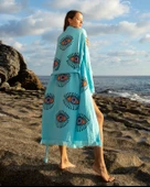 Bornoz ,Plaj Kıyafeti,Kimono , Kaftan ,Sabahlık  Turkuaz Kumaş Turuncu Nazar Göz Baskılı - 6