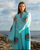 Bornoz ,Plaj Kıyafeti,Kimono , Kaftan ,Sabahlık  Turkuaz Kumaş Turuncu Nazar Göz Baskılı - 10