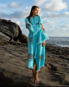 Bornoz ,Plaj Kıyafeti,Kimono , Kaftan ,Sabahlık  Turkuaz Kumaş Turuncu Nazar Göz Baskılı - 7
