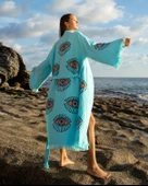 Bornoz ,Plaj Kıyafeti,Kimono , Kaftan ,Sabahlık  Turkuaz Kumaş Turuncu Nazar Göz Baskılı - 1