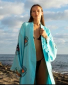 Bornoz ,Plaj Kıyafeti,Kimono , Kaftan ,Sabahlık  Turkuaz Kumaş Turuncu Nazar Göz Baskılı - 3