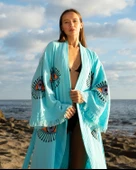 Bornoz ,Plaj Kıyafeti,Kimono , Kaftan ,Sabahlık  Turkuaz Kumaş Turuncu Nazar Göz Baskılı - 5