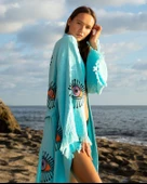 Bornoz ,Plaj Kıyafeti,Kimono , Kaftan ,Sabahlık  Turkuaz Kumaş Turuncu Nazar Göz Baskılı - 4