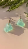 Parlak Mint Yeşili Renk Kalp Şekil Gümüş Aksesuarlı Epoksi Küpe El Yapımı Hediyelik - 3