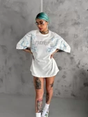 Unisex Bisiklet Yaka Baskılı Oversize T-Shirt - Beyaz - 2