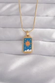 316L Çelik Gold Renk Mavi Mineli Güneş Model Tarot Kolye - TJ-BKO9026 - 1