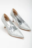 Simli Deri İnce Burgu Topuk Gümüş Kadın Stiletto thumbnail 1