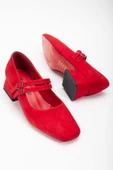 Büyük Numara 2 Bantlı Süet Kırmızı Kadın Kısa Topuklu Ayakkabı thumbnail 2