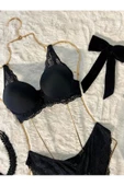 Dantel Detaylı Destekli Siyah Sütyen Takım - 1