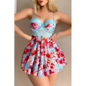 Lucky Life Kadın Mavi Çiçekli Askılı Mini Gecelik - 1