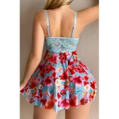 Lucky Life Kadın Mavi Çiçekli Askılı Mini Gecelik - 3