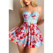 Lucky Life Kadın Mavi Çiçekli Askılı Mini Gecelik - 4