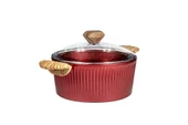 22 cm Febern Premium Bio Granit Alüminyum Döküm Nisch Tencere (Metalik Kırmızı-Açık Ahşap Kulp) - 1