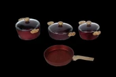 Febern Premium Bio Granit Alüminyum Döküm Nisch Tencere Seti (Metalik Kırmızı-Açık Ahşap Kulp) - 1