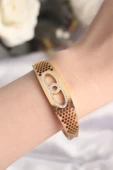 316L Çelik Gold Renk Zirkon Taşlı Kadın Kelepçe Bilezik - TJ-BB6022 - 2