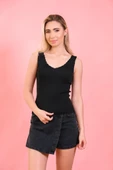 Kadın Merdiven Yaka Crop Triko Bluz - 1