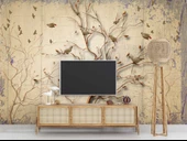 Sonbahar Kuş ve Ağaç Temalı Duvar Kağıdı Baskı thumbnail 3